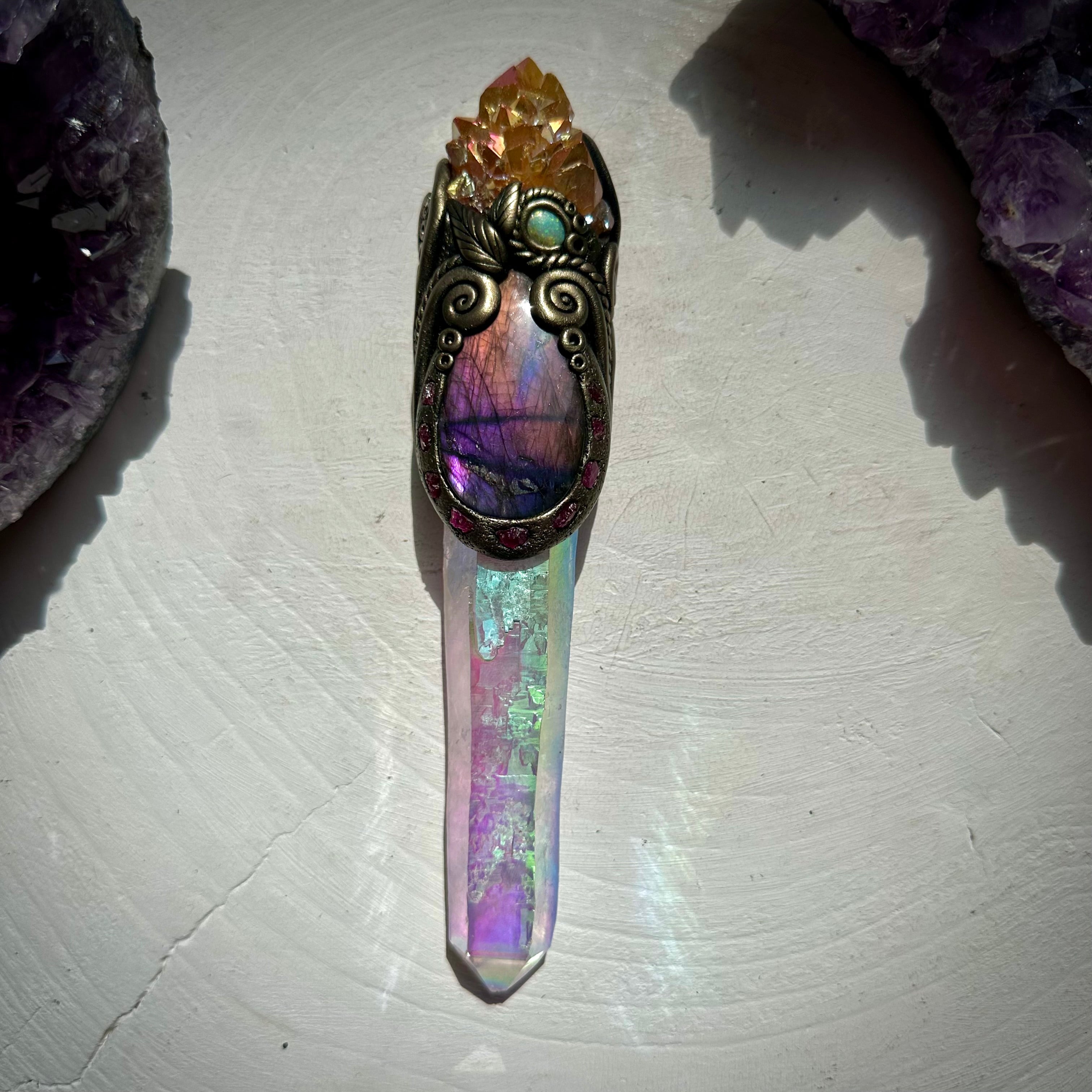 Long Angel Aura Quartz Sunset Aura Spirit Quartz Labradorite Raw Ruby and Australian Opal Wand - FairyGardenGlow
