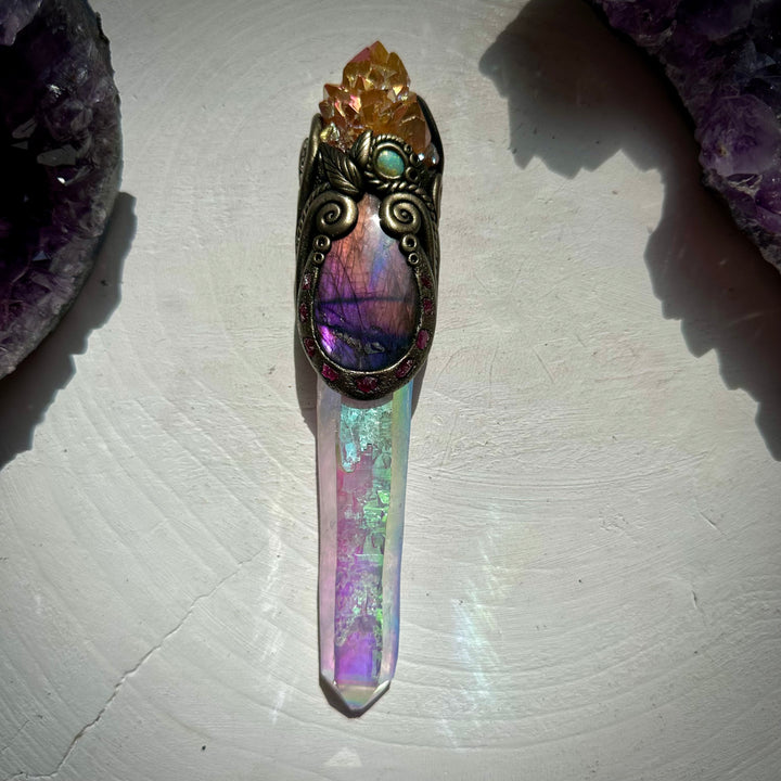 Long Angel Aura Quartz Sunset Aura Spirit Quartz Labradorite Raw Ruby and Australian Opal Wand - FairyGardenGlow