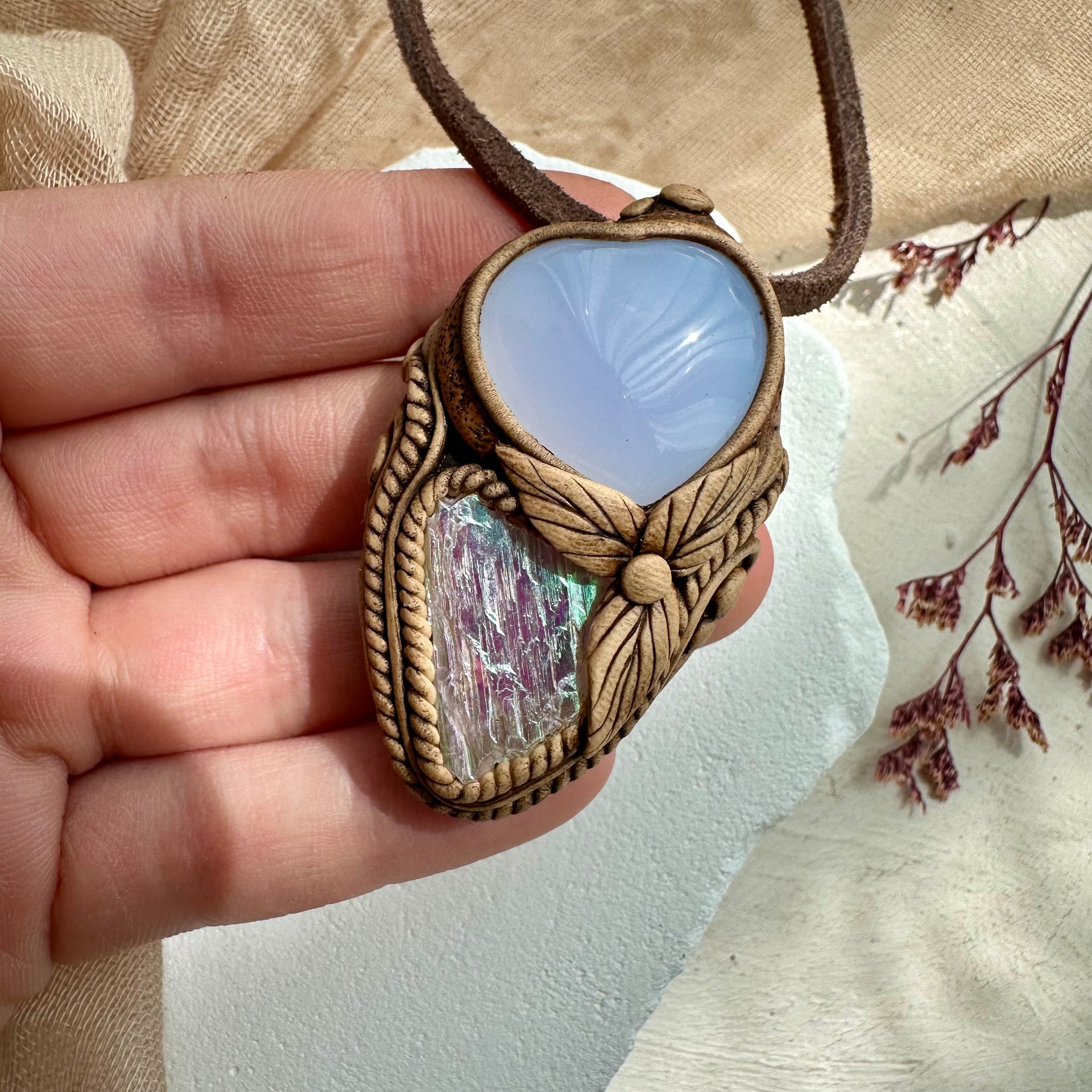 Angel Aura Kunzite and Blue Chalcedony Heart Pendant