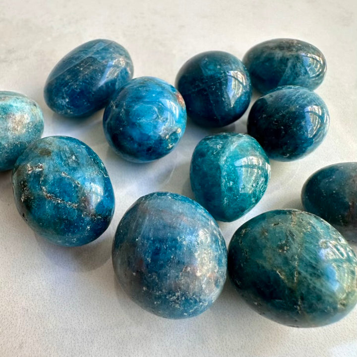 Blue apatite healing crystals on a light gray background