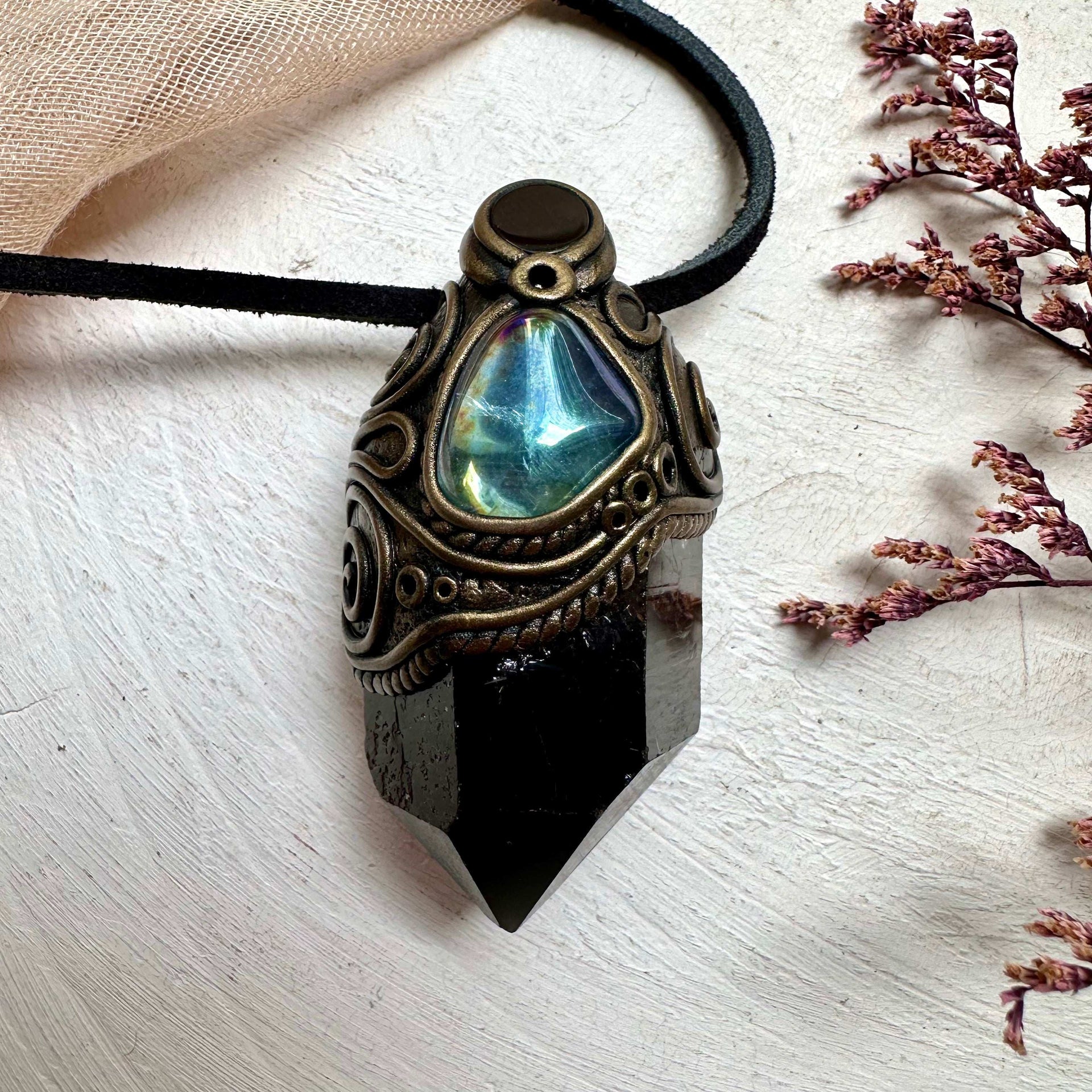 Smoky Quartz Aqua Aura Quartz and Black Onyx Necklace - FairyGardenGlow