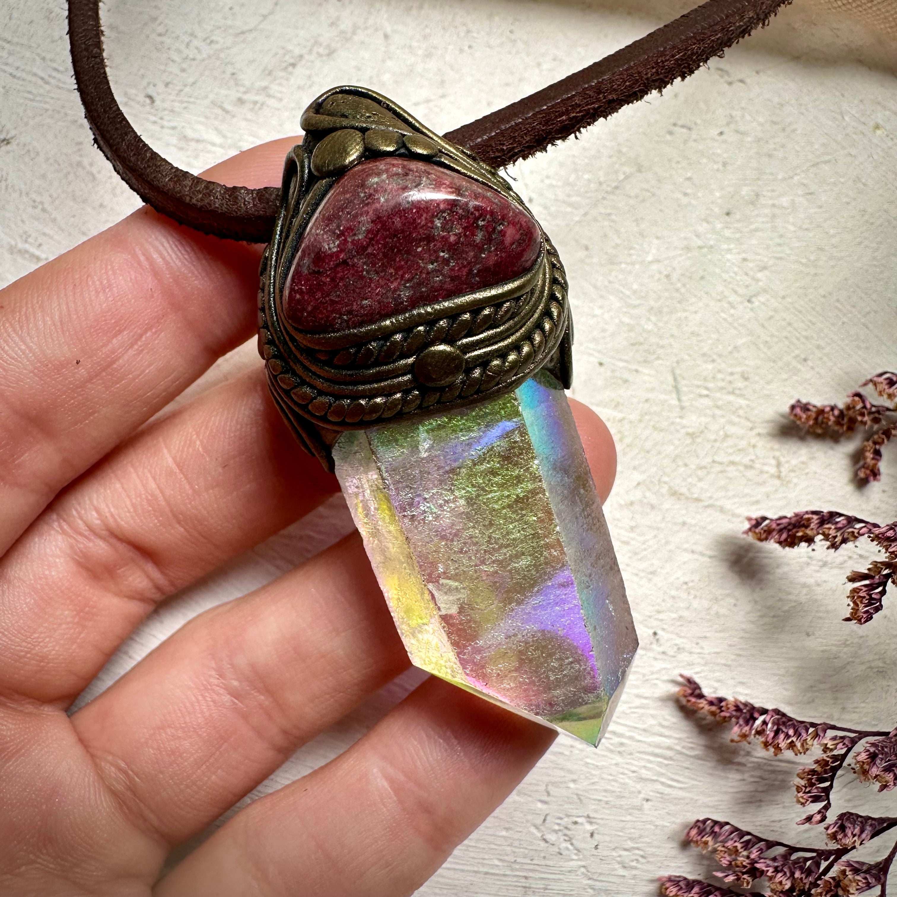 Angel Aura Quartz and Thulite Necklace - FairyGardenGlow