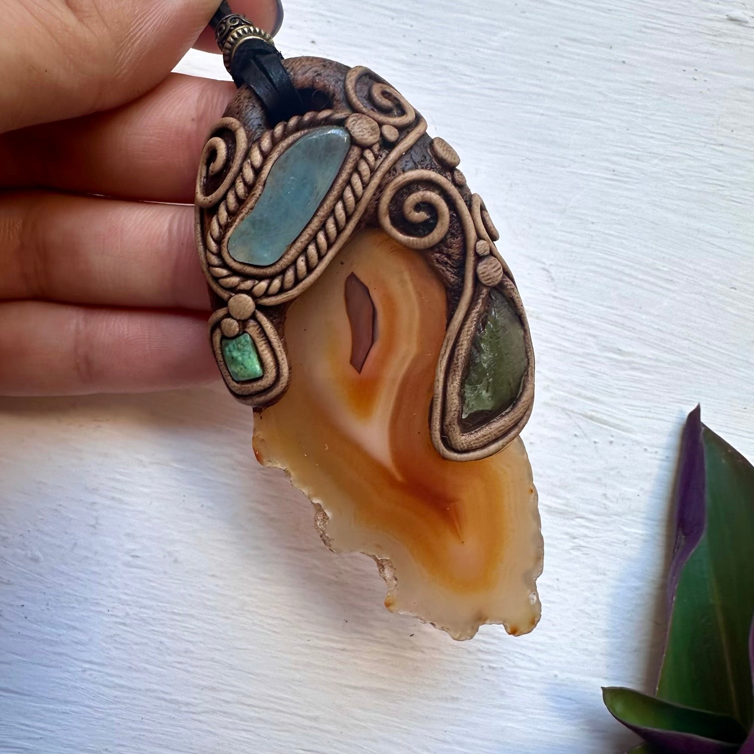 Agate Aquamarine Moldavite and Tibetan Turquoise Pendant Necklace - FairyGardenGlow