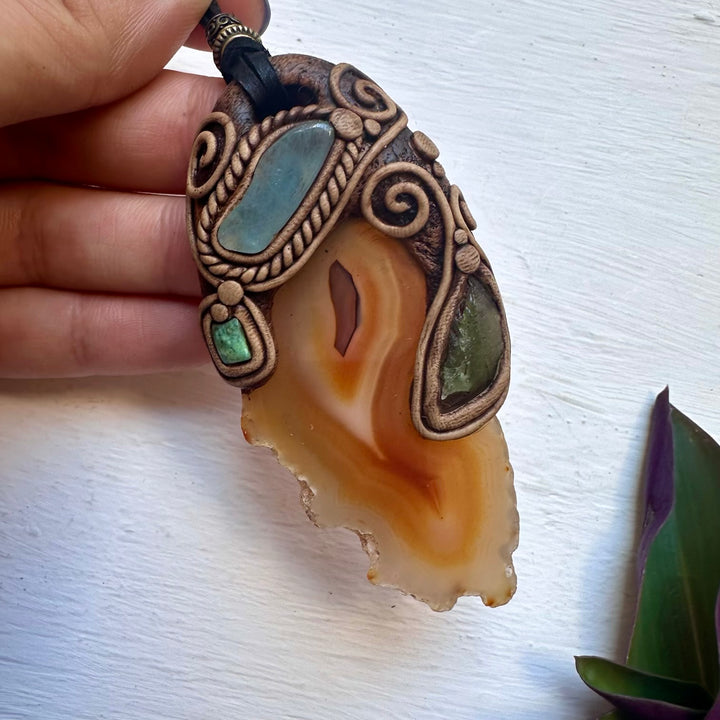 Agate Aquamarine Moldavite and Tibetan Turquoise Pendant Necklace - FairyGardenGlow