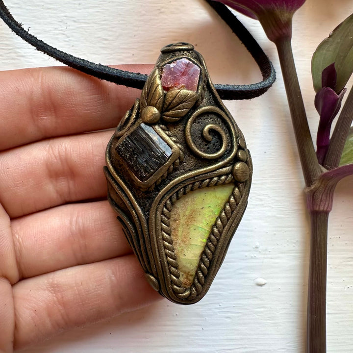 Boulder Opal Black Tourmaline and Vanadinite Pendant Necklace - FairyGardenGlow