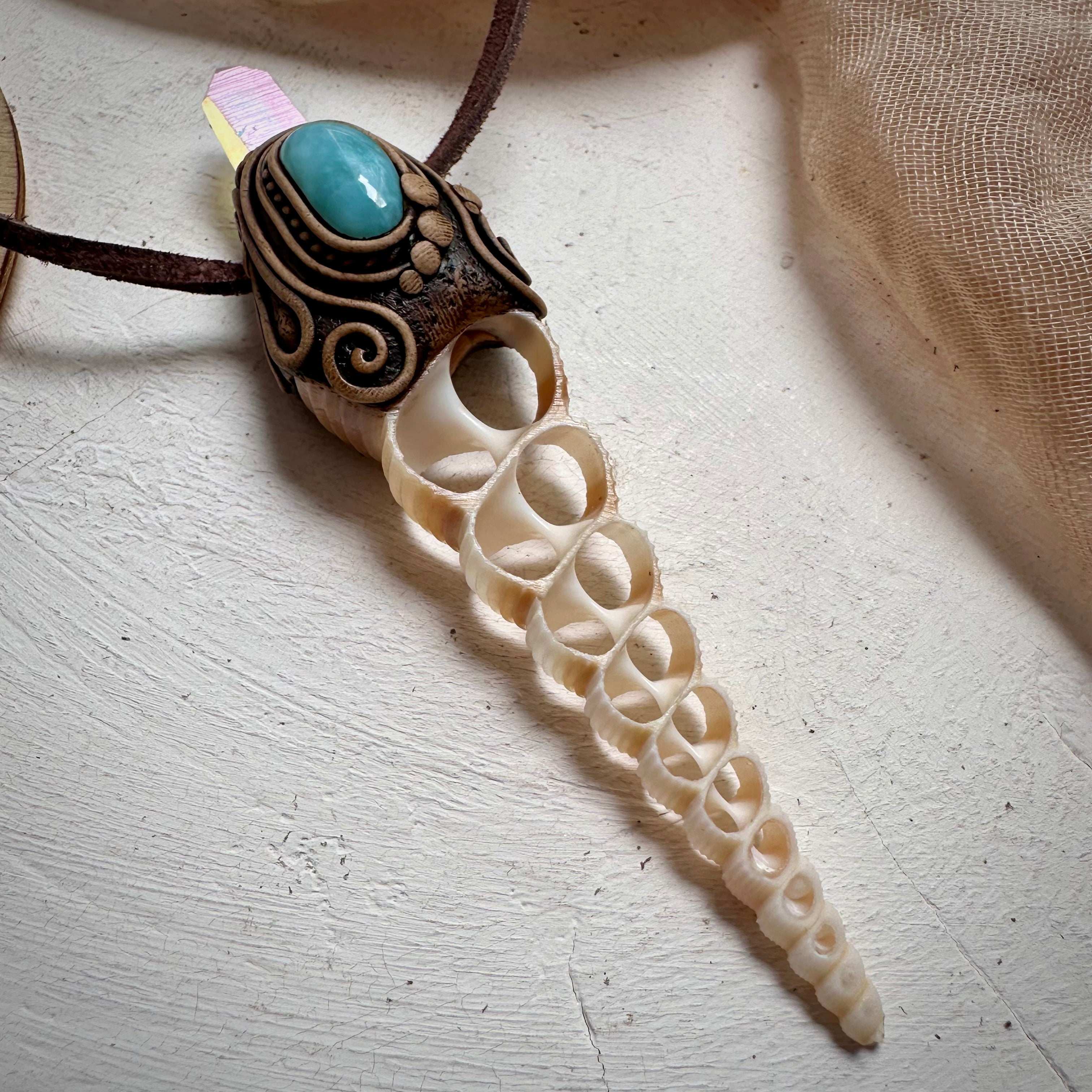Seashell Slice Angel Aura Quartz and Larimar Necklace - FairyGardenGlow
