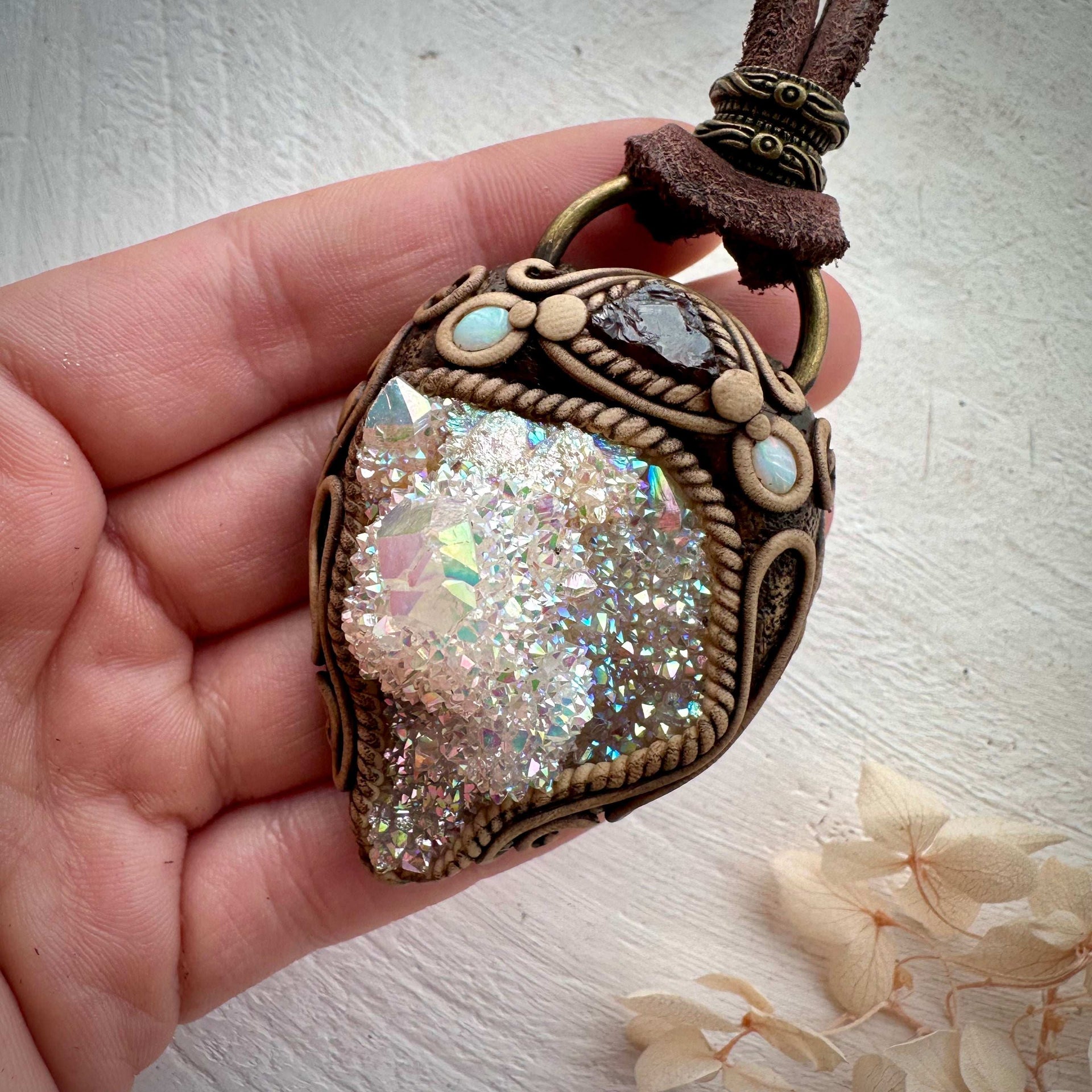 Angel Aura Spirit Quartz Cluster Red Garnet and Australian Opal Pendant Necklace - FairyGardenGlow