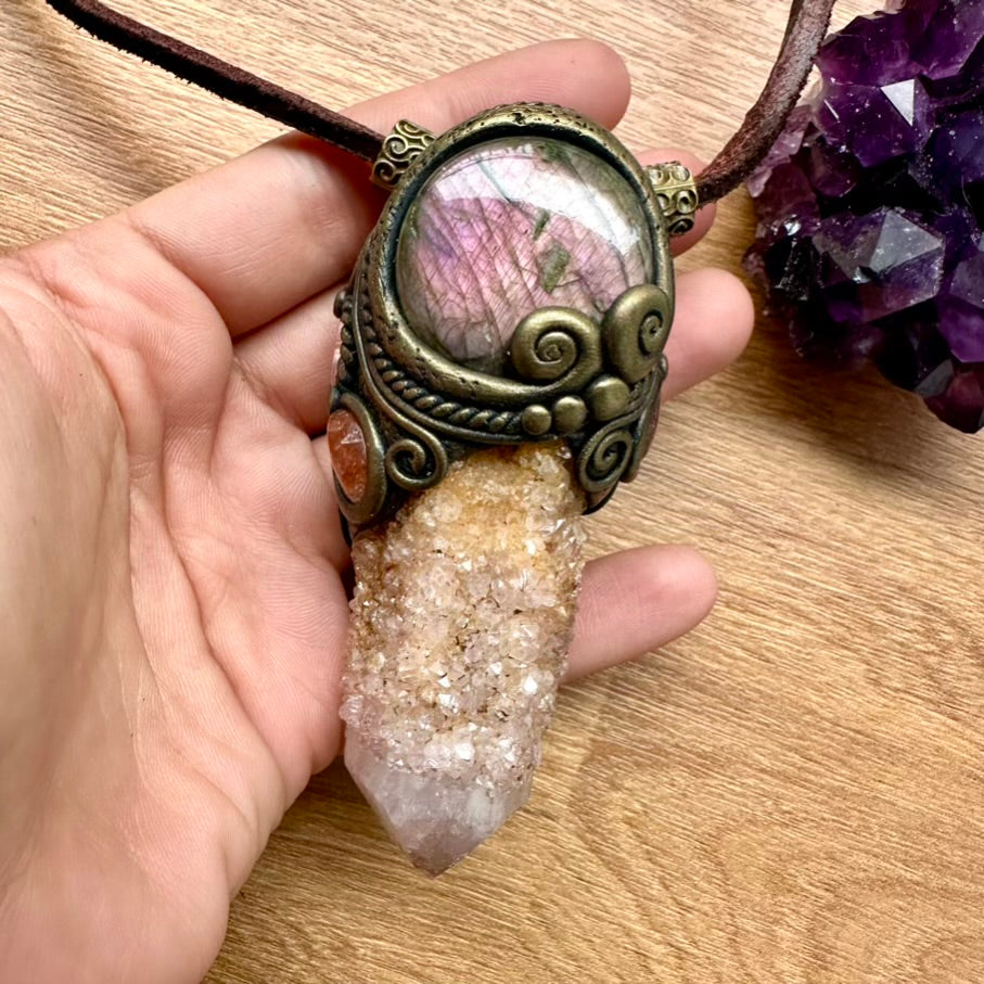 Spirit Quartz Purple Labradorite Sunstone and Rhodochrosite Healing Crystal Talisman / Handmade Crystal Wand-Pendant - FairyGardenGlow