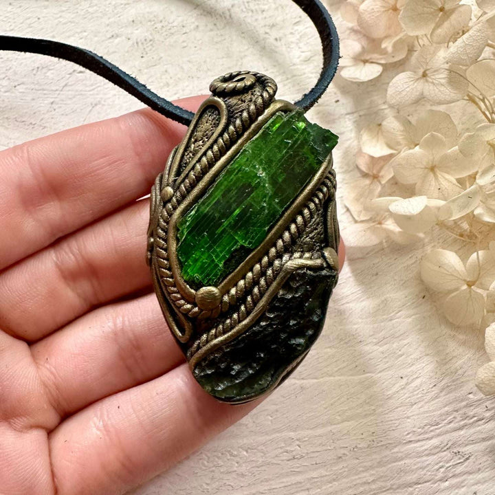 Chrome Diopside and Moldavite Necklace - FairyGardenGlow