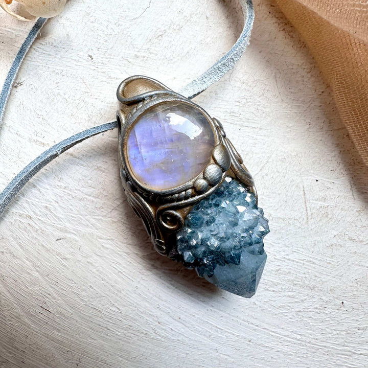 Aqua Aura Spirit Quartz and Moonstone Necklace - FairyGardenGlow