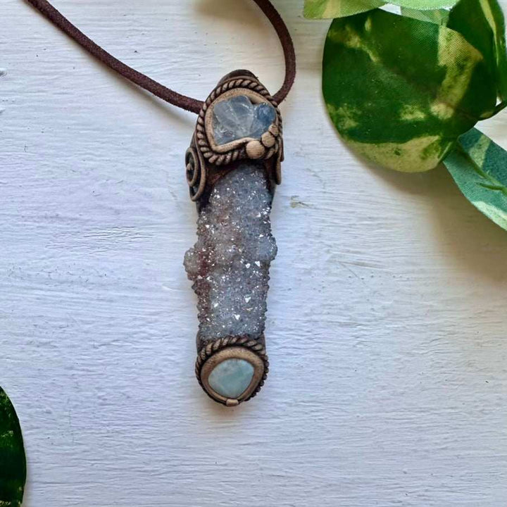 Aqua Aura Spirit Quartz Blue Calcite and Larimar Pendant Necklace - FairyGardenGlow