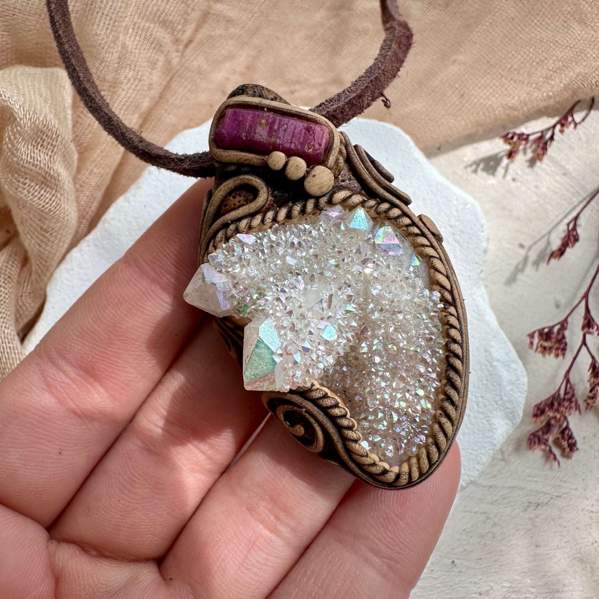 Angel Aura Spirit Quartz and Raw Ruby Necklace