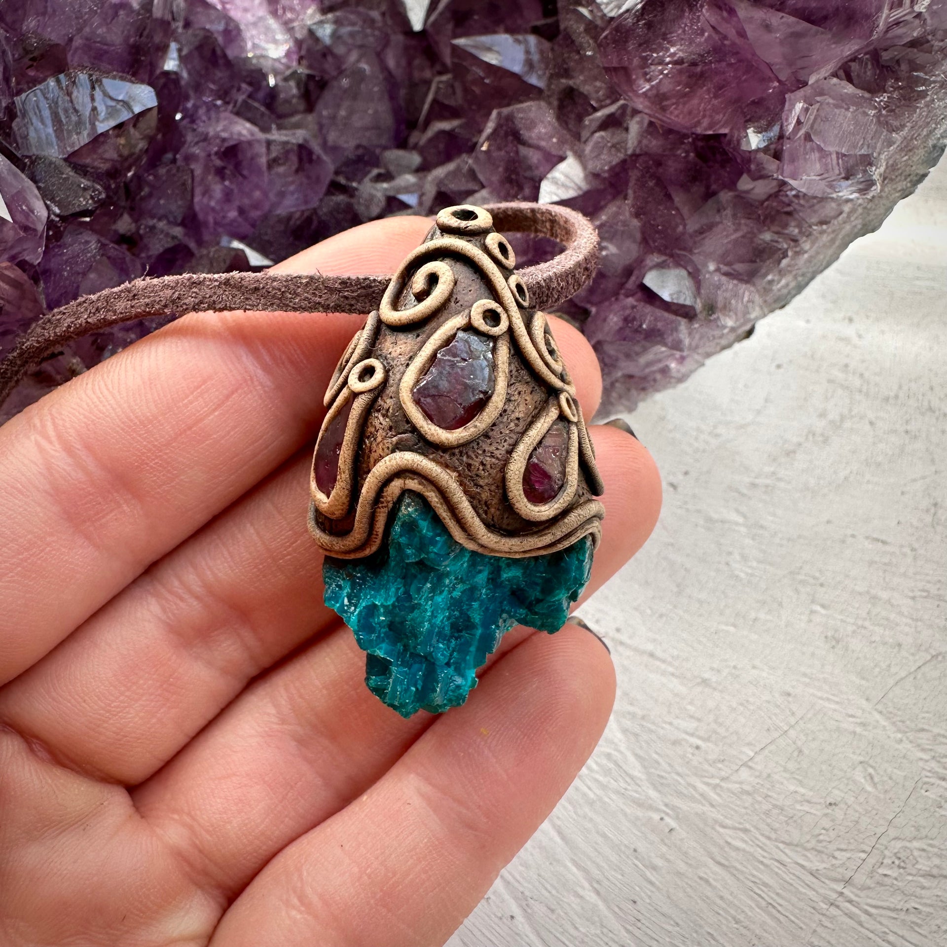 Raw Chrysocolla and Rhdololite Garnet Pendant Necklace - FairyGardenGlow