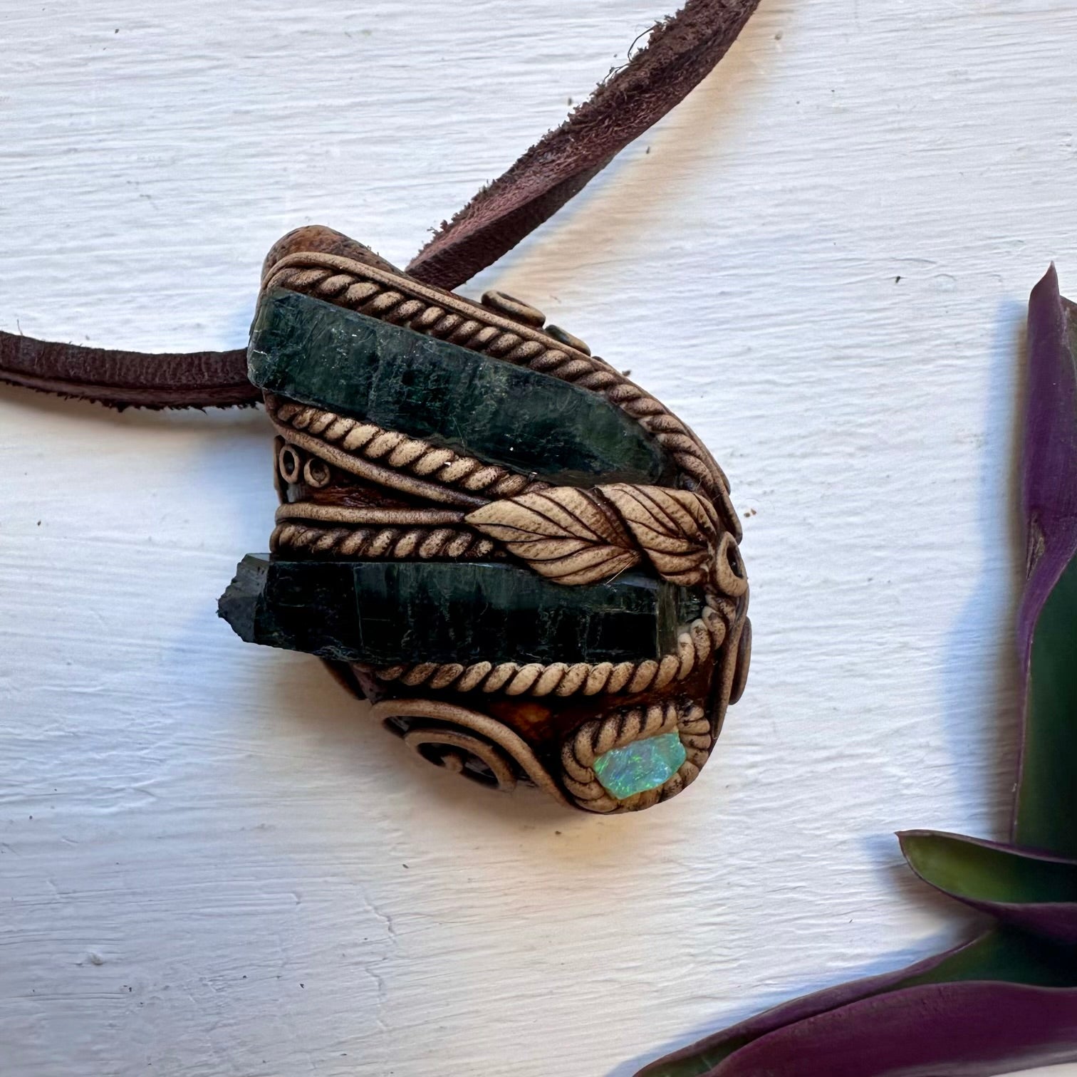 Vivianite and Australian Opal Pendant Necklace - FairyGardenGlow