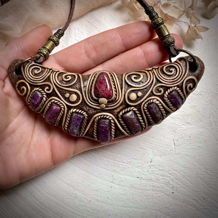 Thulite and Ruby Statement Necklace - FairyGardenGlow