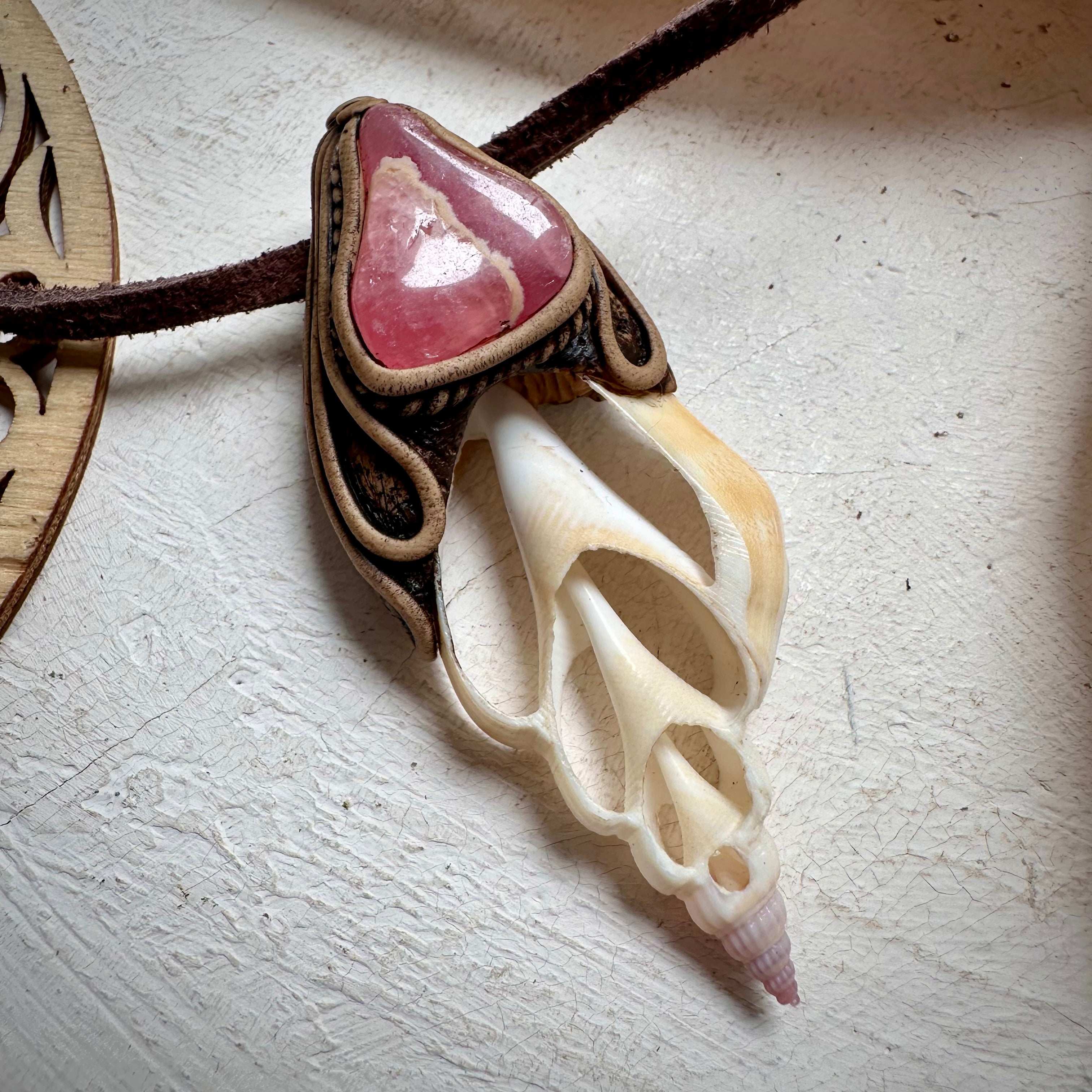 Seashell and Rhodochrosite Pendant - FairyGardenGlow