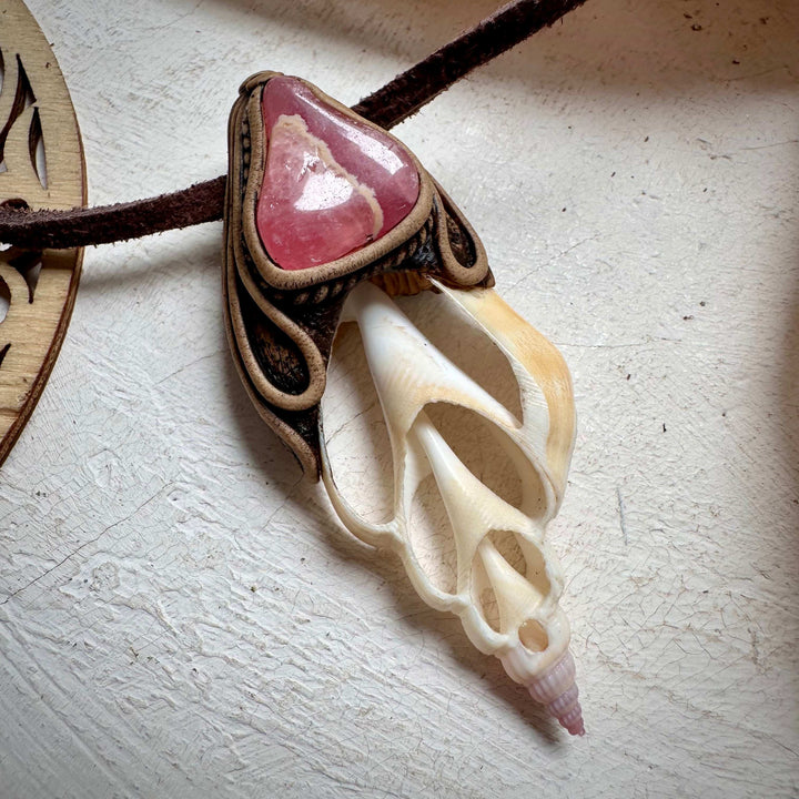 Seashell and Rhodochrosite Pendant - FairyGardenGlow