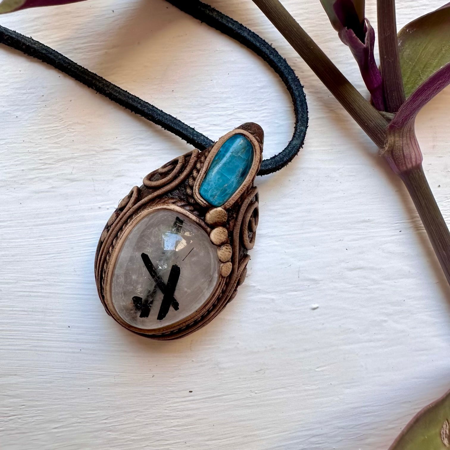 Tourmaline in Quartz and Blue Apatite Necklace - FairyGardenGlow