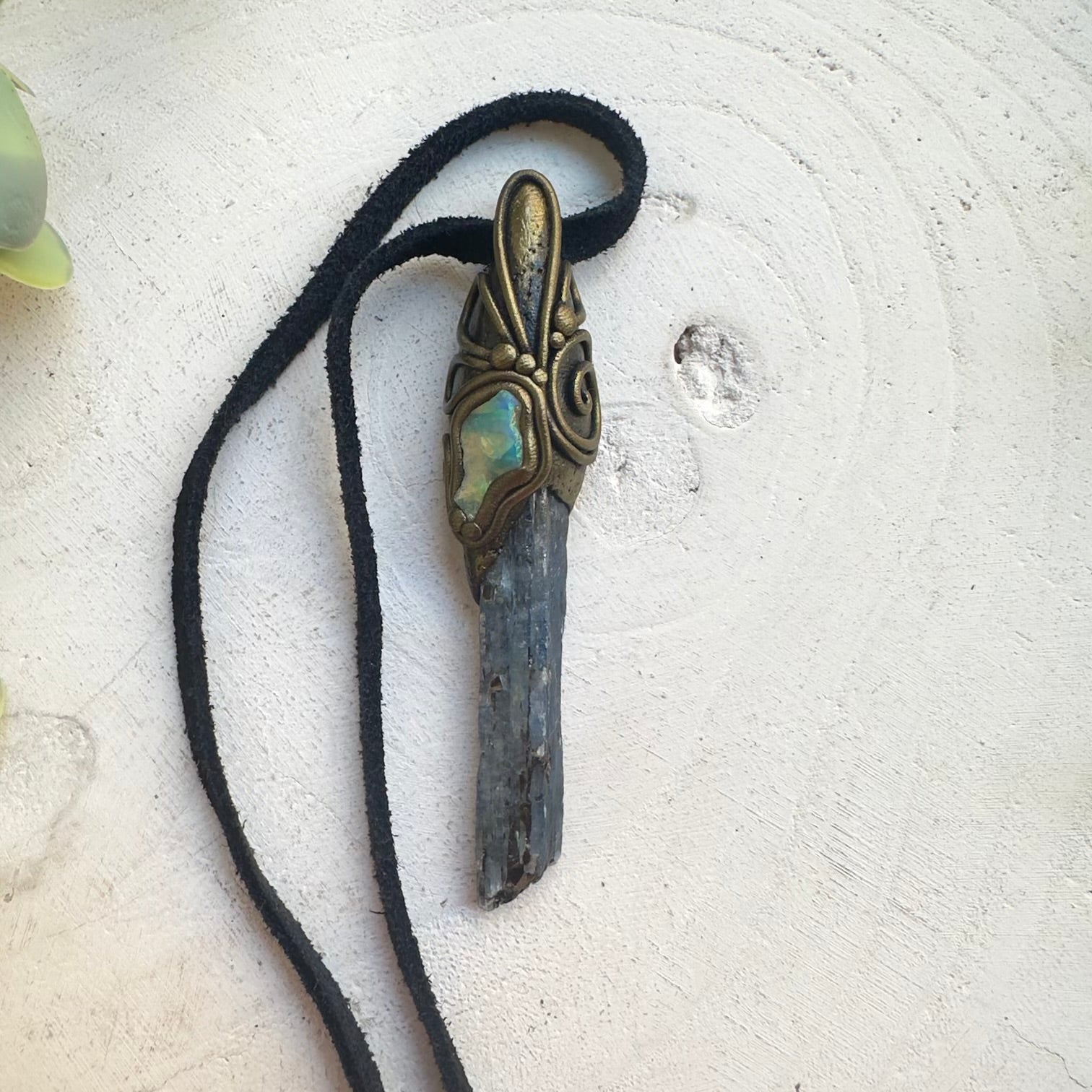 Raw Ethiopian Opal pendant necklace with Blue Kyanite crystal