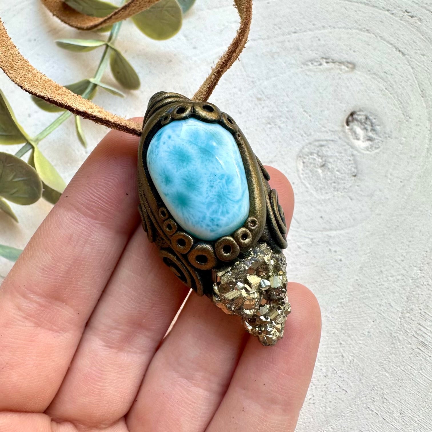 Pyrite Cluster and Larimar Pendant Necklace, Unisex Crystal Jewelry