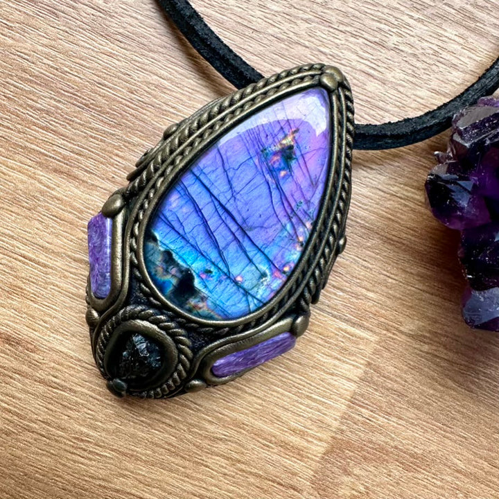 Purple Labradorite Moldavite and Charoite Necklace, One of a kind Handmade Jewlery - FairyGardenGlow