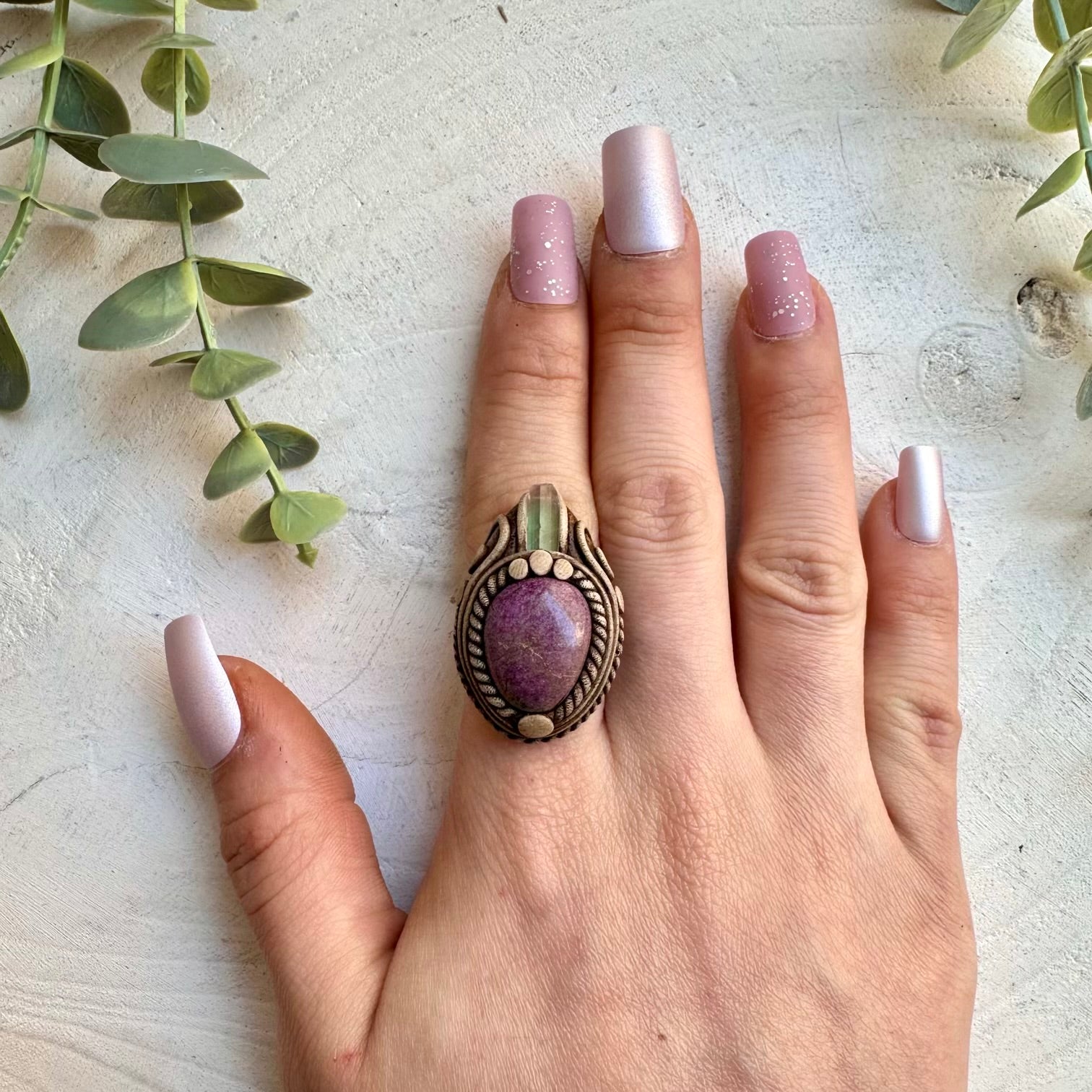 Stichtite and Bi Color Tourmaline Handmade Adjustable Ring