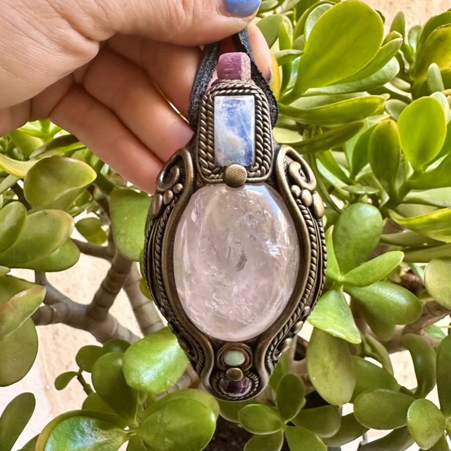 Rose Quartz Amethyst Rainbow Moonstone Ruby and Australian Opal Pendant, Healing Crystal Talisman - FairyGardenGlow