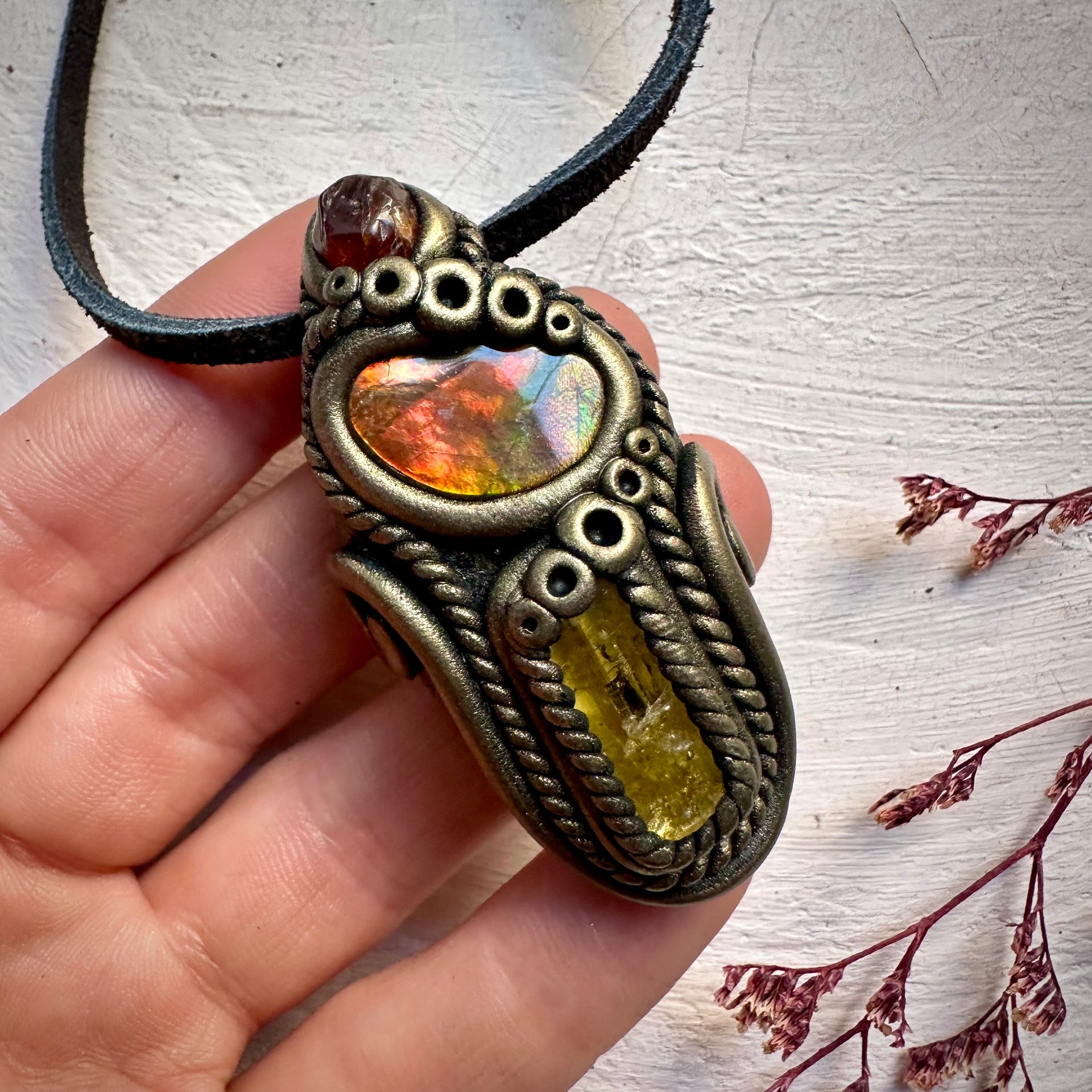 Ammolite Heliodor and Hessonite Garnet Necklace - FairyGardenGlow