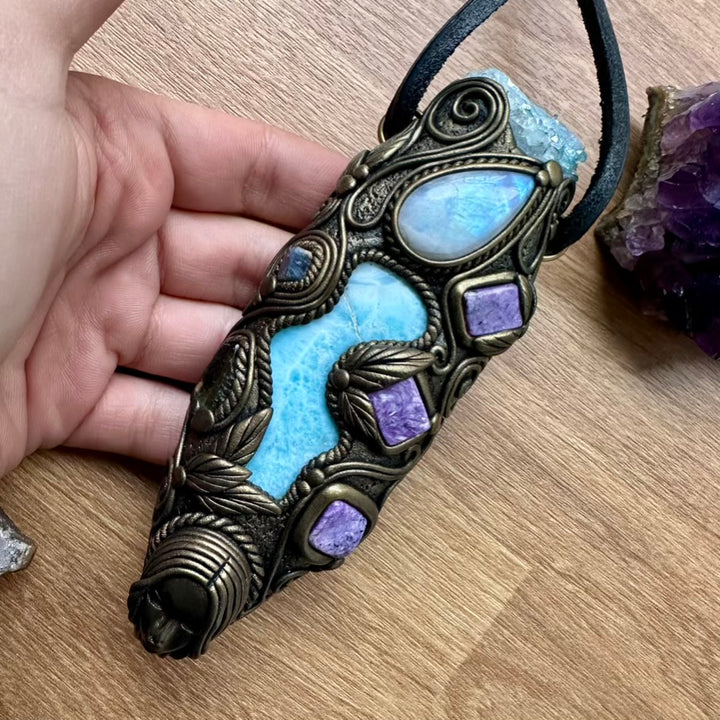 Larimar, Aqua Aura Quartz, Charoite, Rainbow Moonstone, Blue Sapphire and Moldavite Goddess Healing Crystal Talisman / Unique Handmade Wand-Pendant - FairyGardenGlow