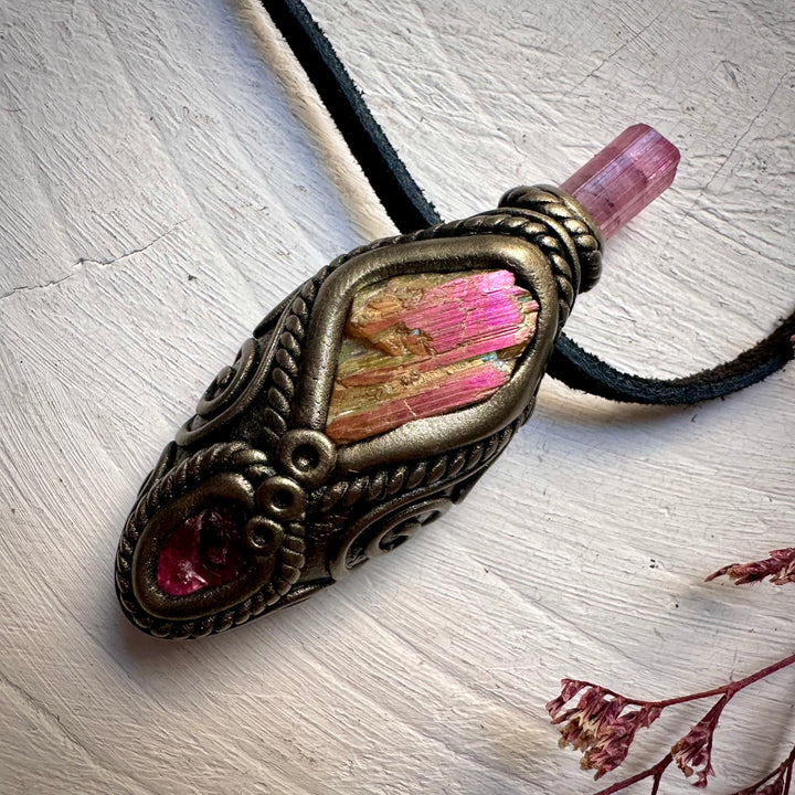 Sunset Aura Kunzite with Pink Tourmaline and Rhodonite Necklace - FairyGardenGlow