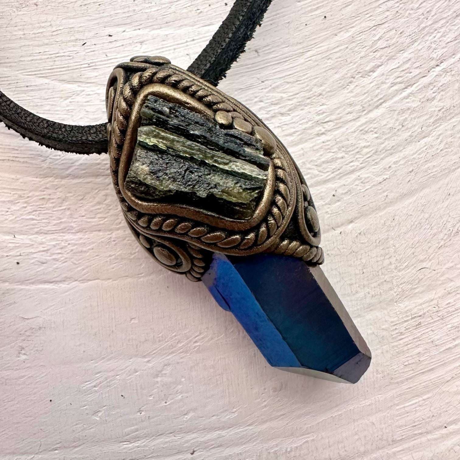 Cobalt Aura Quartz and Moldavite Pendant Necklace - FairyGardenGlow