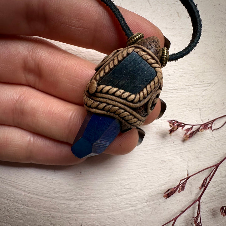 Cobalt Aura Quartz and Black Tourmaline Pendant Necklace - FairyGardenGlow