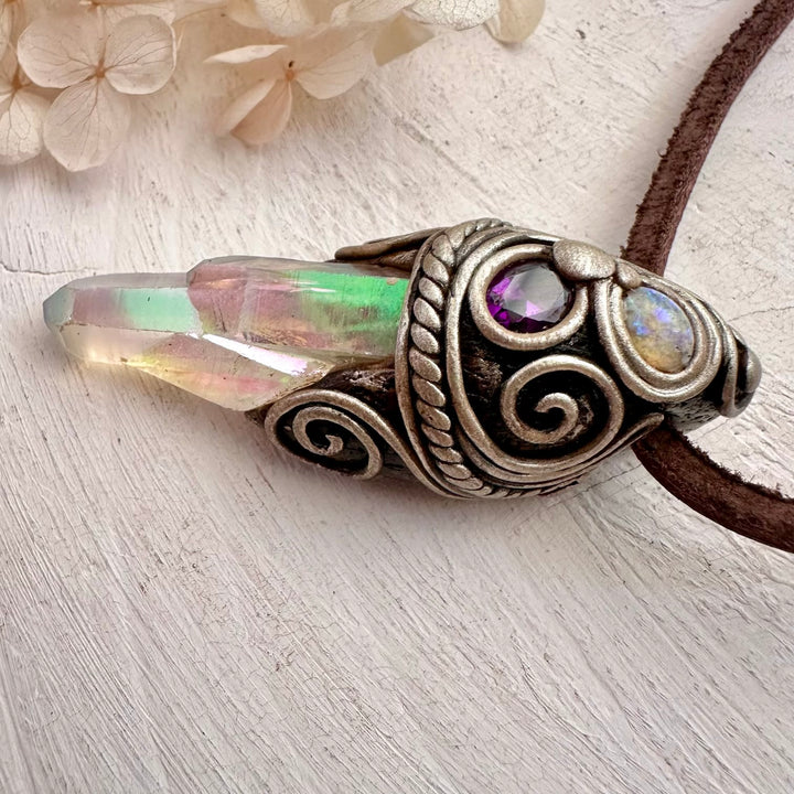 Angel Aura Quartz Cluster Amethyst and Australian Opal Necklace - FairyGardenGlow