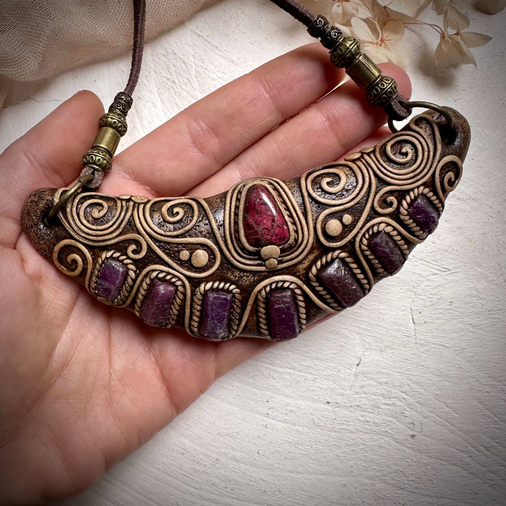 Thulite and Ruby Statement Necklace - FairyGardenGlow