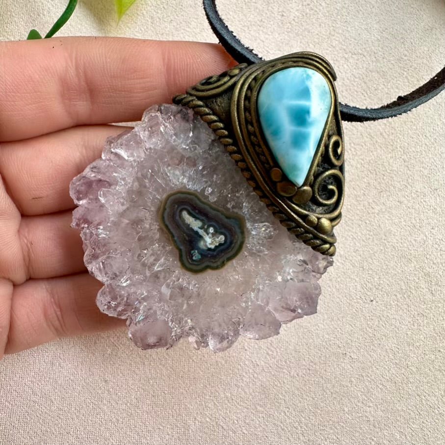 Amethyst Stalactite and Larimar Crystal Necklace - FairyGardenGlow