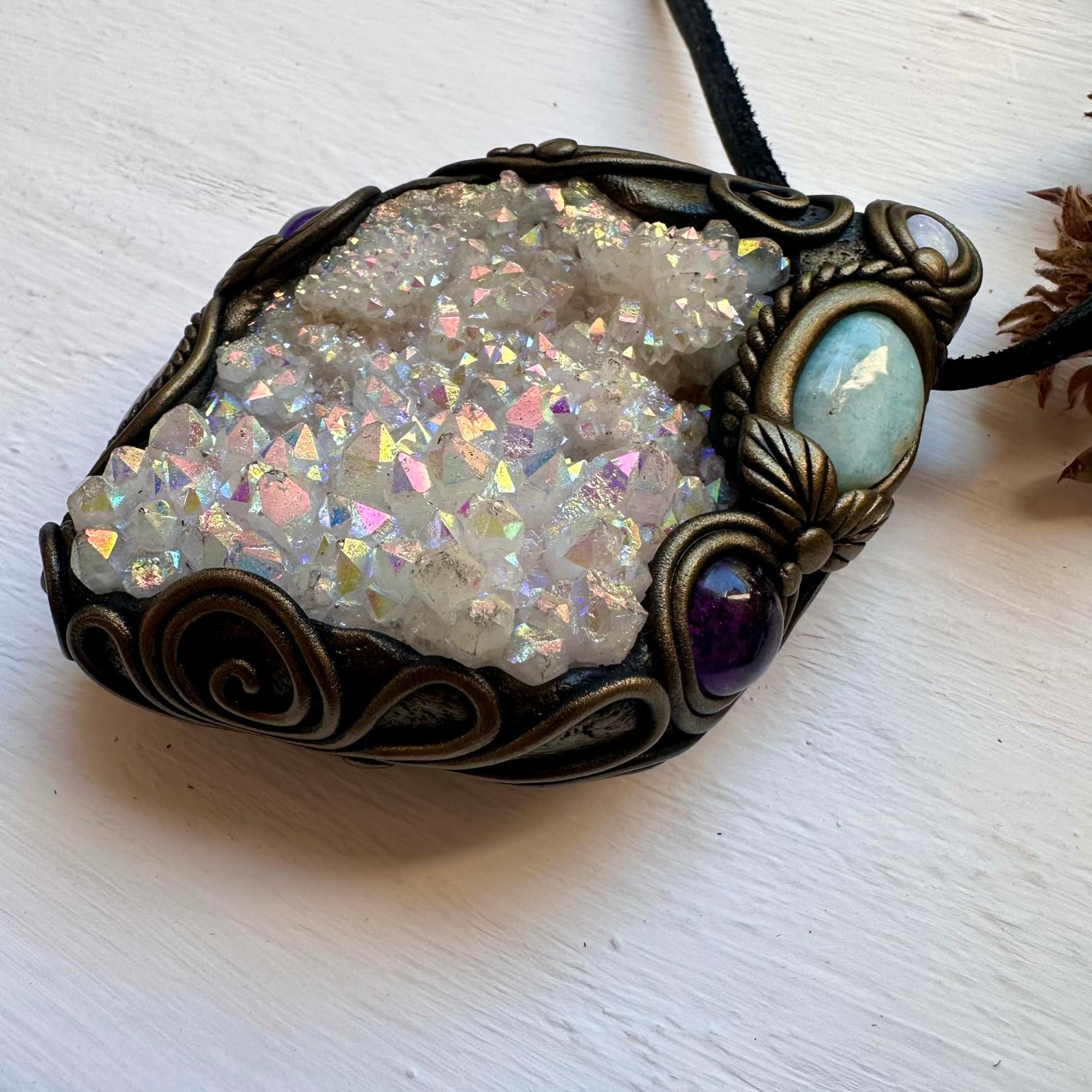 Angel Aura Quartz Cluster Larimar Amethyst Morganite and Australian Opal Wand / Pendant - FairyGardenGlow