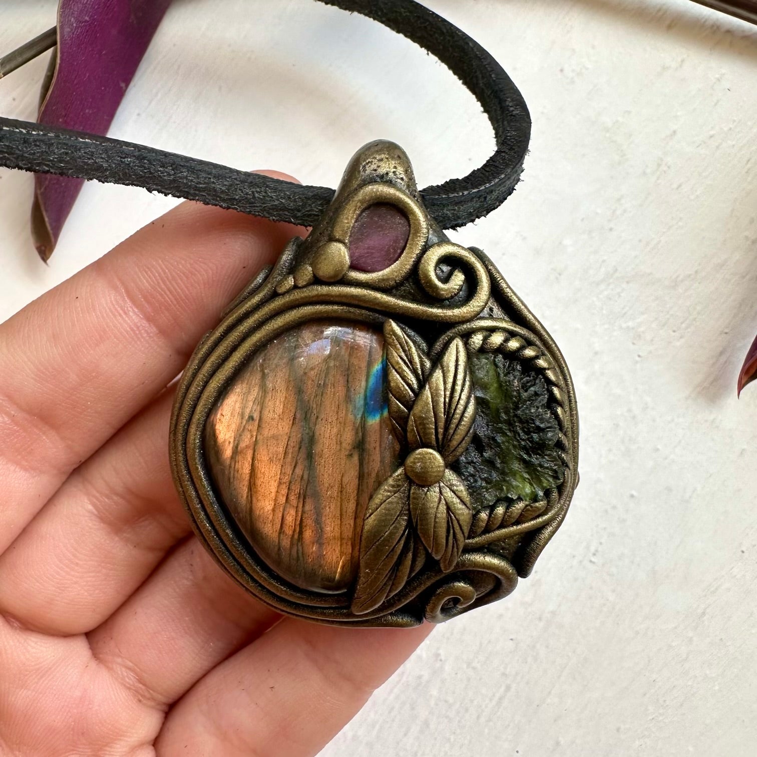 Labradorite Moldavite and Ruby Necklace - FairyGardenGlow