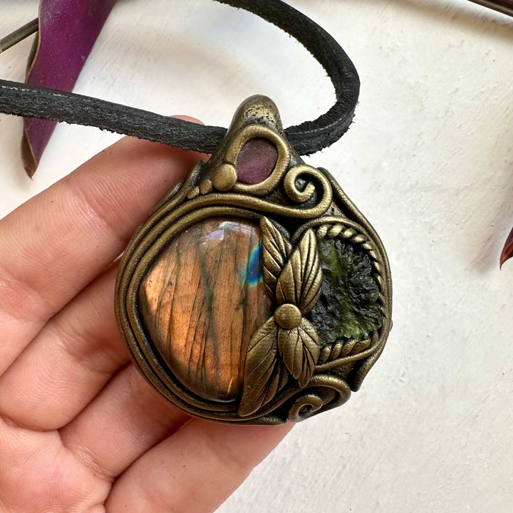 Labradorite Moldavite and Ruby Necklace - FairyGardenGlow