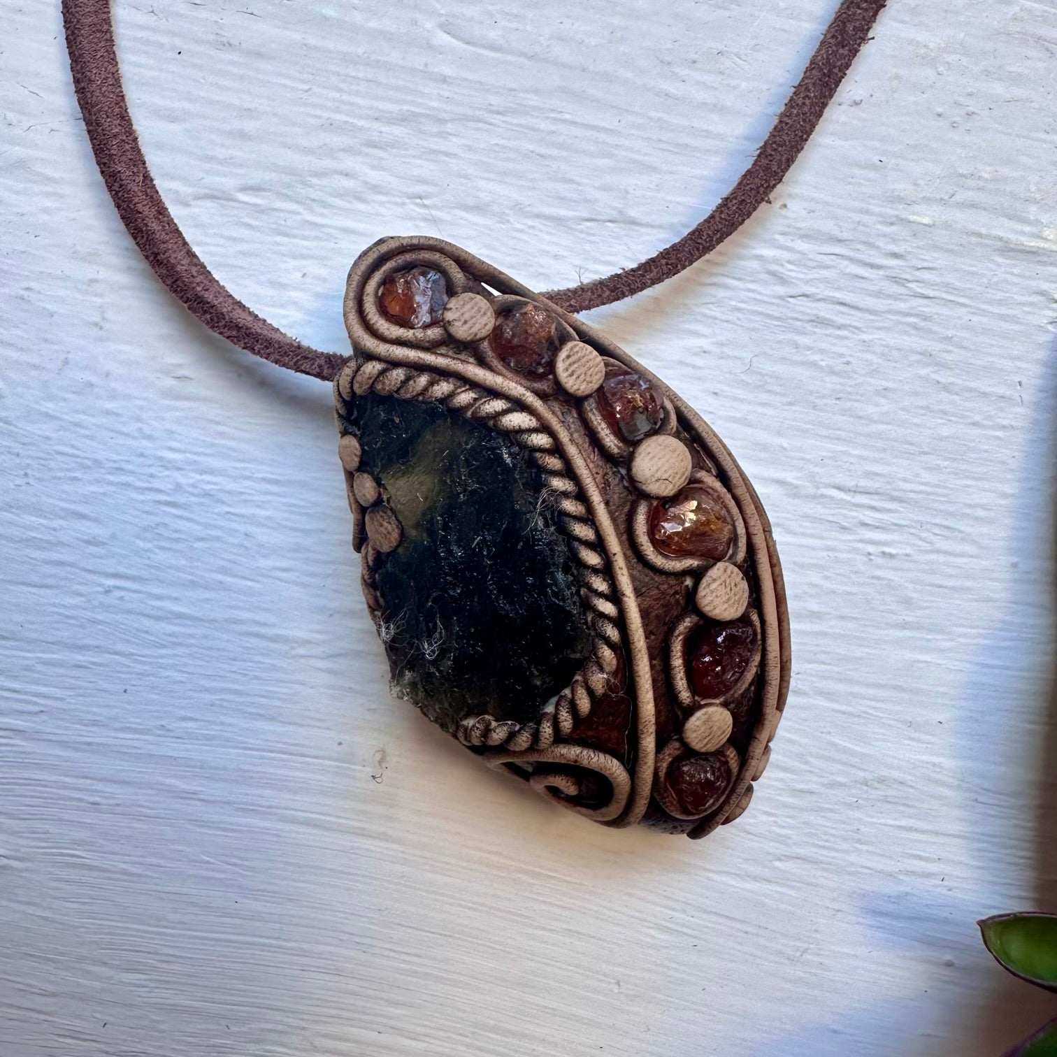 Moldavite and Hessonite Garnet Necklace, Unisex Crystal Jewelry - FairyGardenGlow
