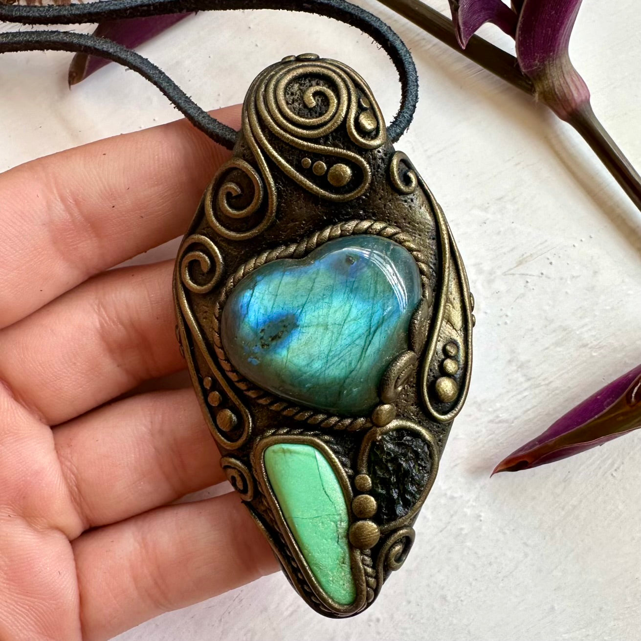Labradorite Heart Chrysoprase and Moldavite Necklace - FairyGardenGlow