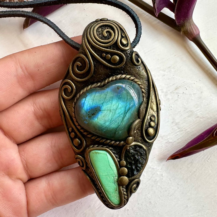 Labradorite Heart Chrysoprase and Moldavite Necklace - FairyGardenGlow
