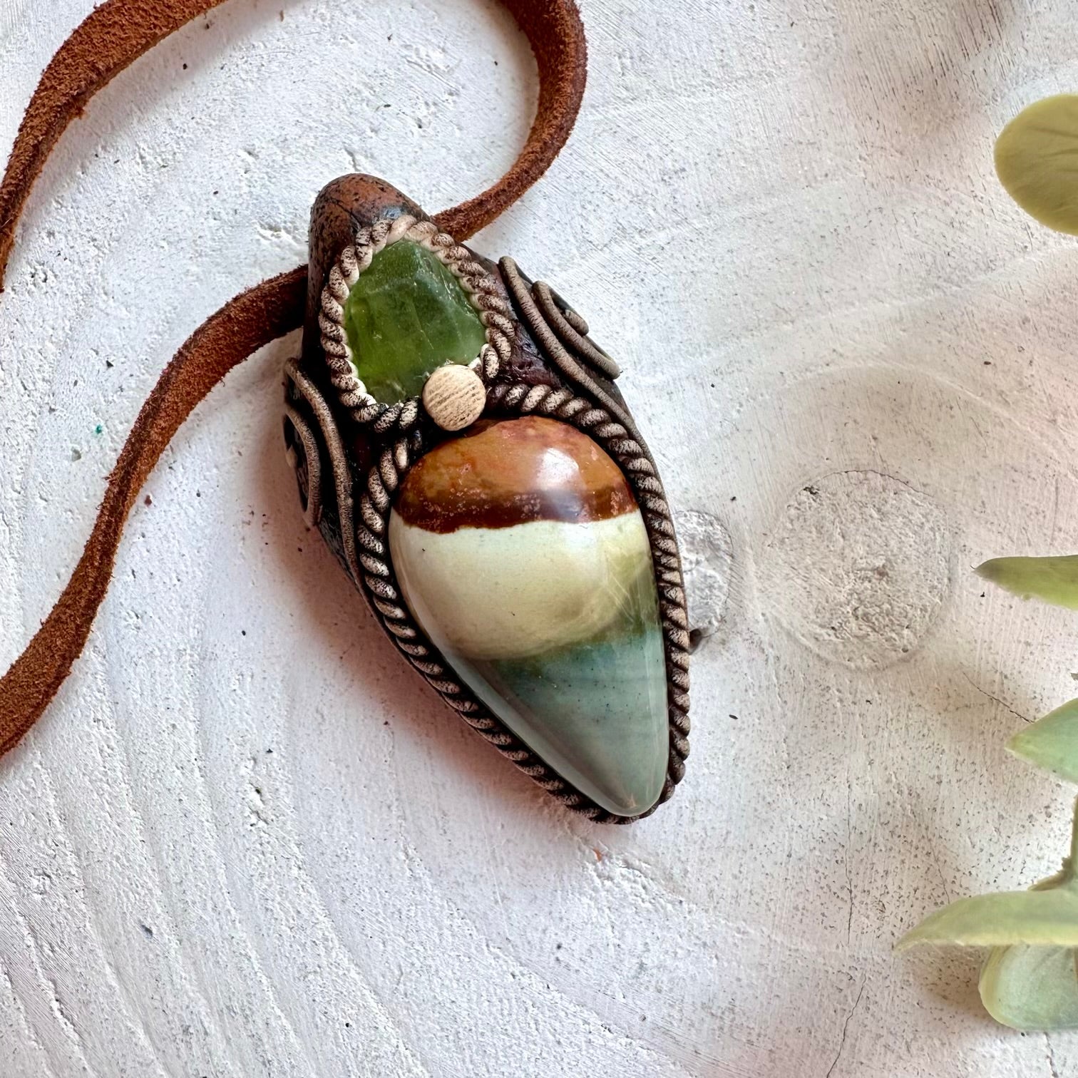 Polychrome Jasper and Peridot Pendant Necklace, Unisex Gemstone Jewelry