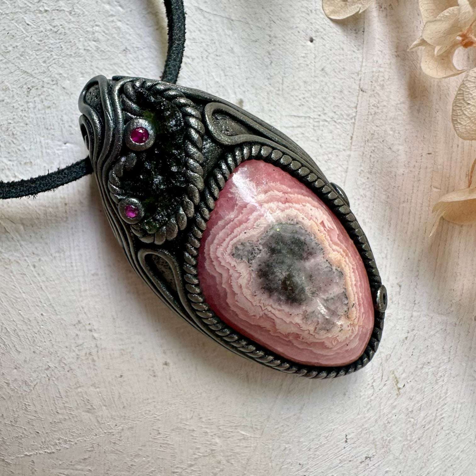 Rhodochrosite Moldavite and Ruby Clay Crystal Necklace - FairyGardenGlow
