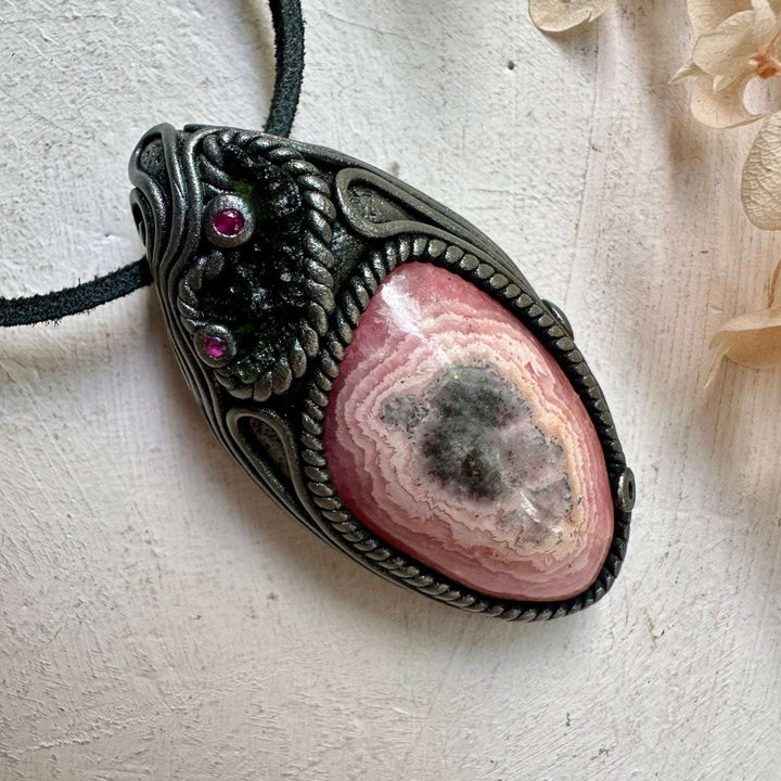 Rhodochrosite Moldavite and Ruby Clay Crystal Necklace - FairyGardenGlow
