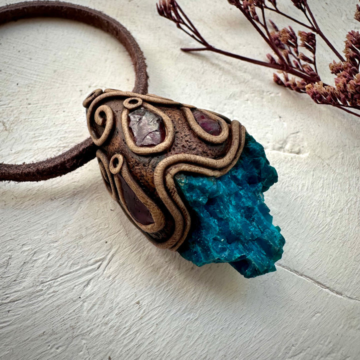 Raw Chrysocolla and Rhdololite Garnet Pendant Necklace - FairyGardenGlow