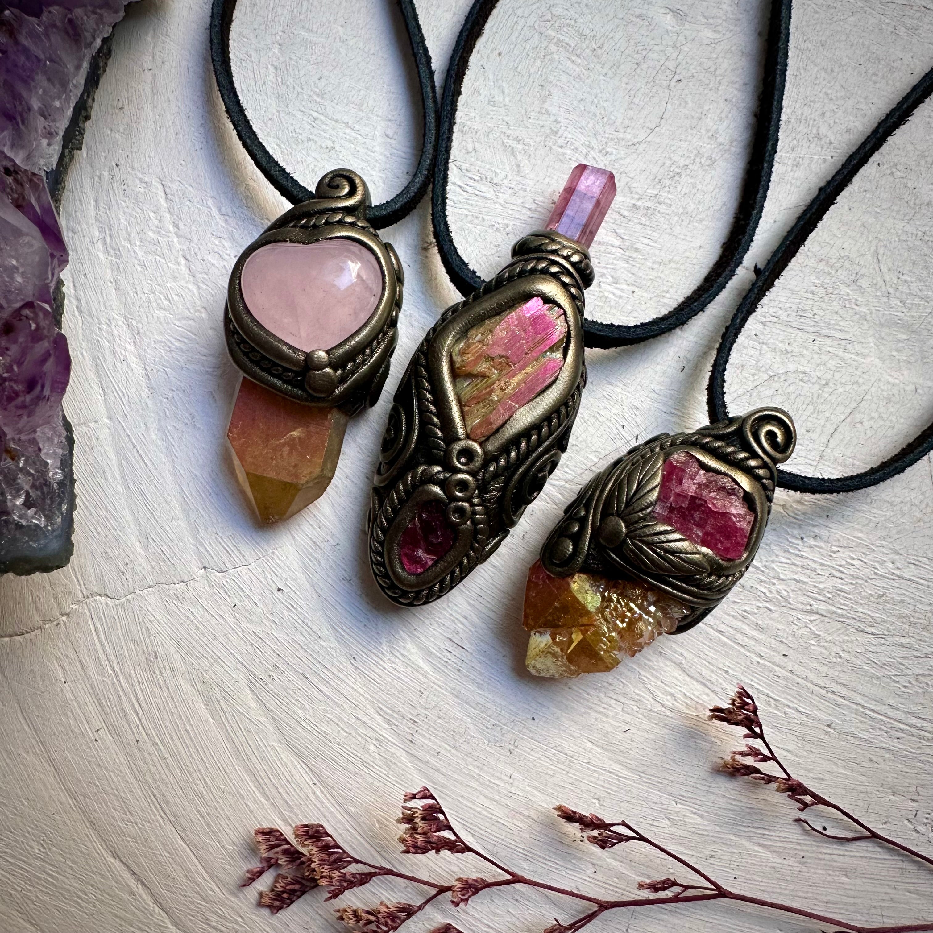 Sunset Aura Quartz and Rose Quartz Heart Necklace - FairyGardenGlow