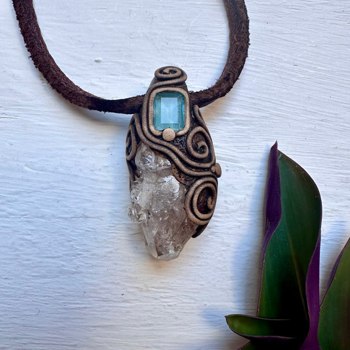 Herkimer Diamond Quartz and Blue Topaz Pendant Necklace - FairyGardenGlow
