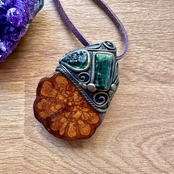Ayahuasca Necklace, Green Tourmaline and Moldavite Pendant Necklace - FairyGardenGlow