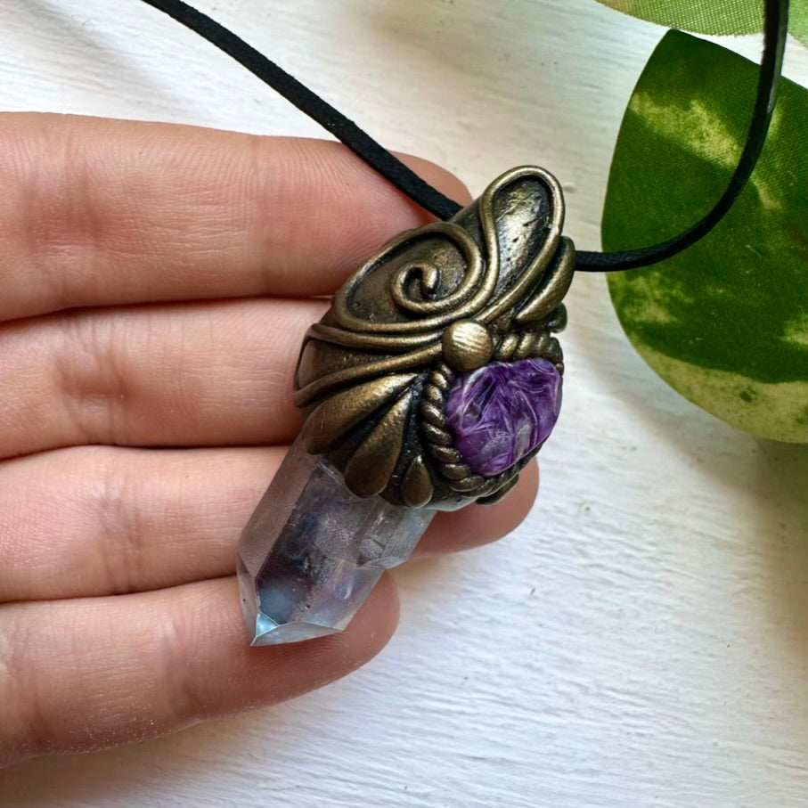Aqua Aura Quartz and Charoite Necklace - FairyGardenGlow