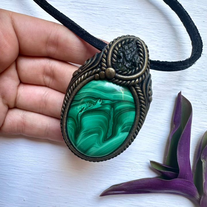 Malachite and Moldavite Necklace - FairyGardenGlow